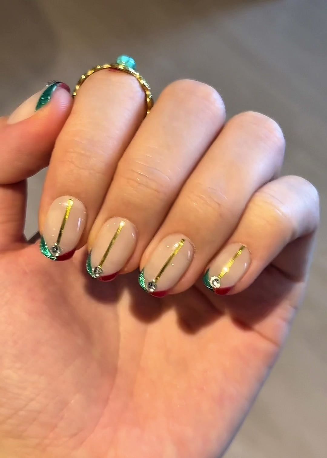 Nude French Green Red Gold Line Nails Nude French Green Red Gold Line Nails β Simple Short Christmas Nails 2026
