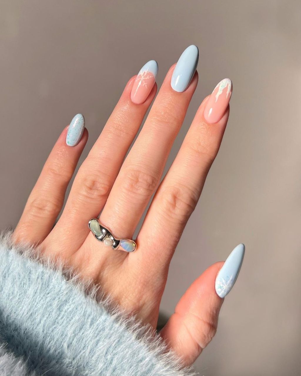Pale Blue Pink Snowflake Glitter Nails Pale Blue Pink Snowflake Glitter Nails โ Winter Formal Nails