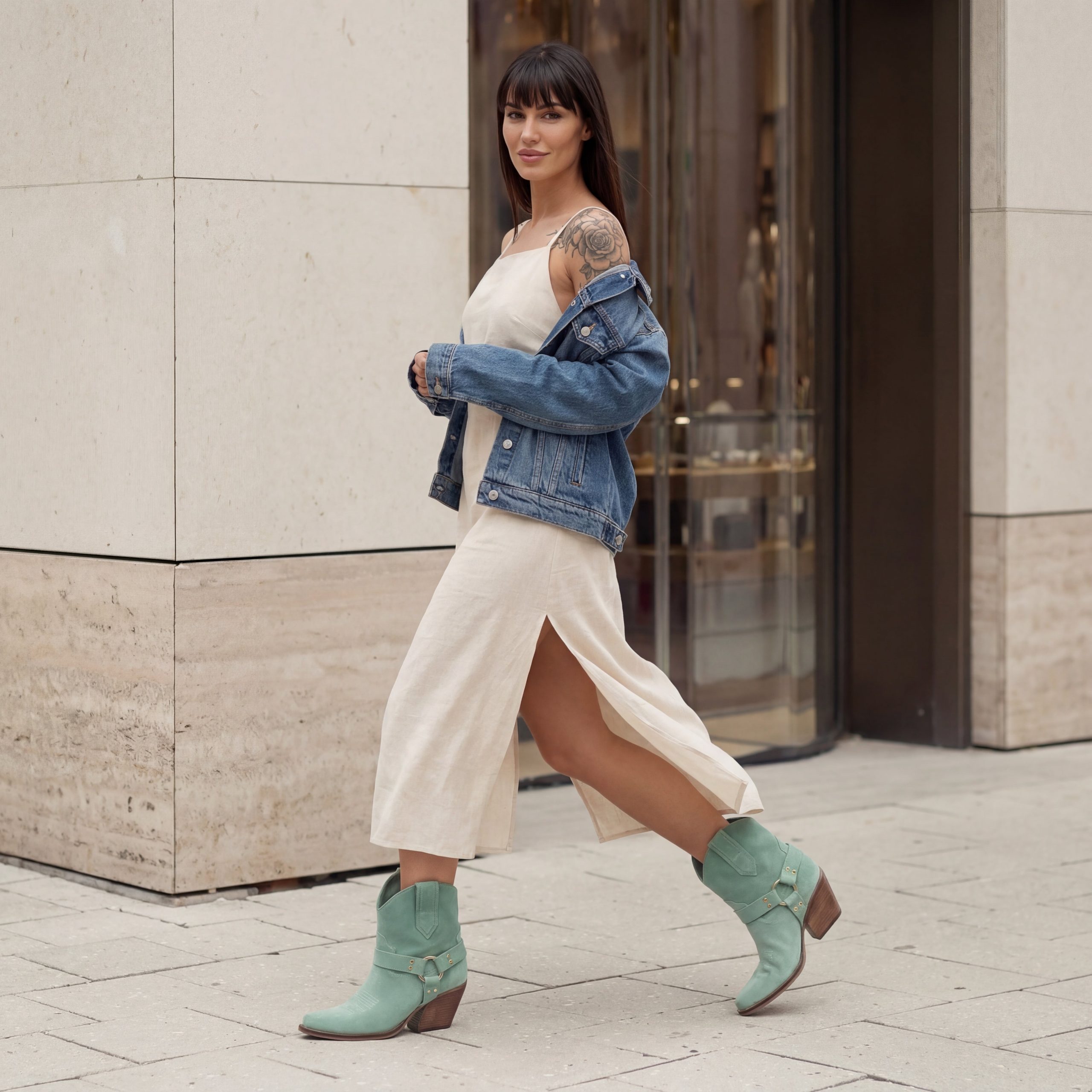 Cowboy Ankle Boots with a Midi Dress and Denim Jacket Cowboy Ankle Boots with a Midi Dress and Denim Jacket β Ankle Boots Outfits