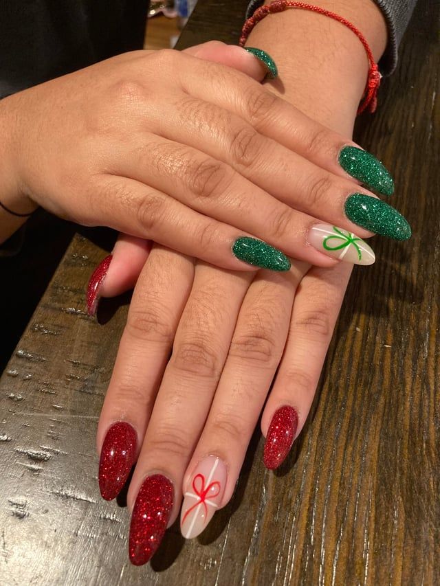 Glitter and Bow Medium Stilettos — Red and Green Christmas Nails 2026