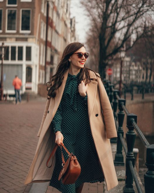 Draped Camel Coat with a Green Polka Dot Dress Draped Camel Coat with a Green Polka Dot Dress β Camel Coat Outfits
