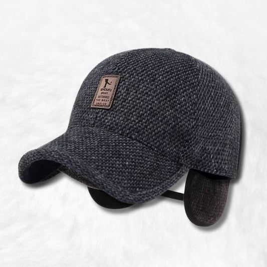 Grey Knit Cap with Attached Earmuffs and Leather Patch — Earmuffs Outfits