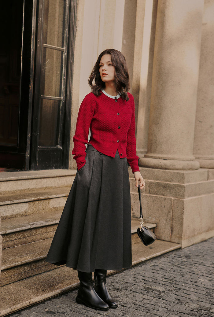 Cozy Red Cardigan with Full Skirt Cozy Red Cardigan with Full Skirt β Winter Outfits for Petite Women