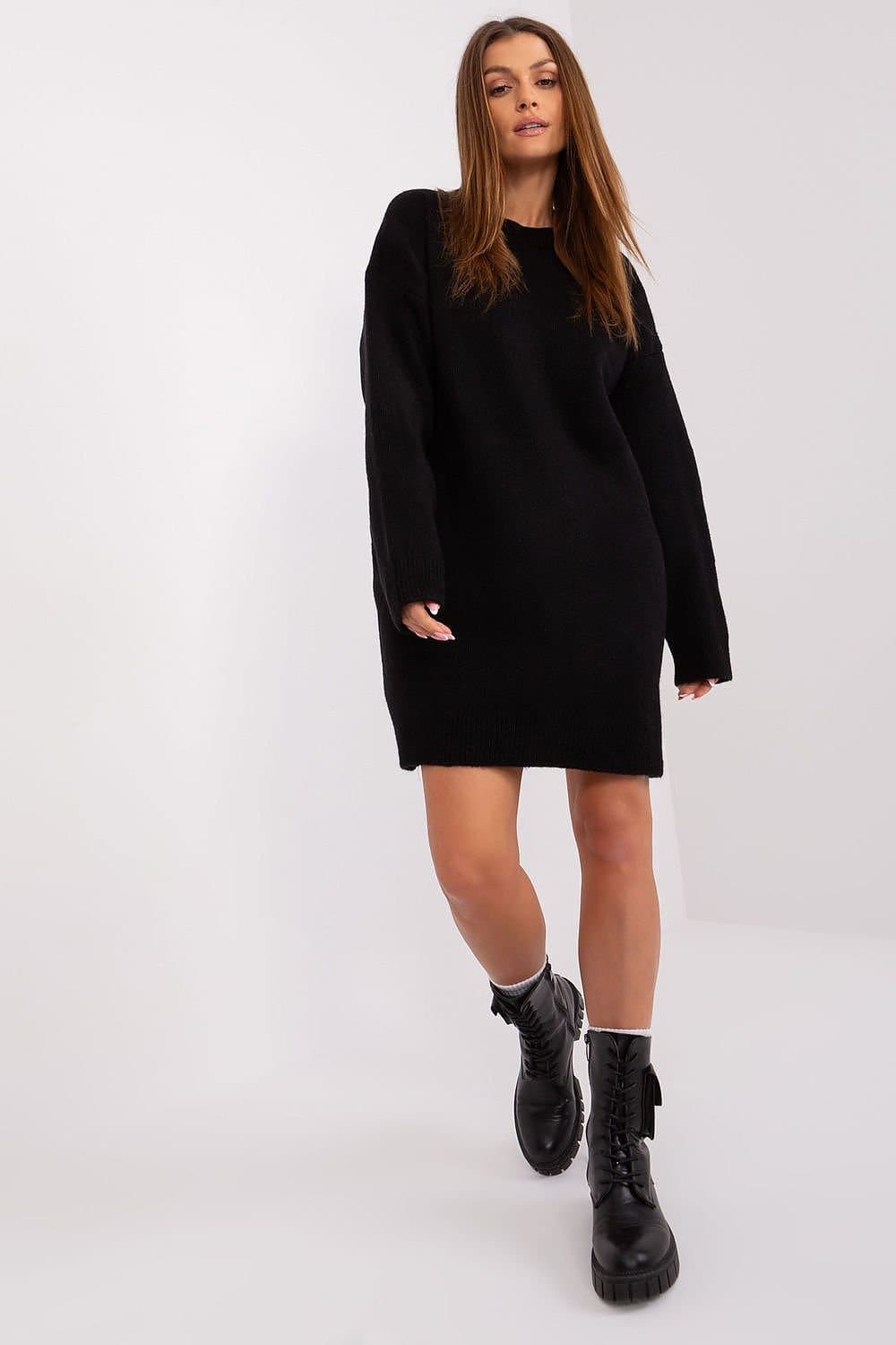 Edgy Comfort: Black Oversized Sweater Dress with Combat Boots — Oversized Sweater Outfits