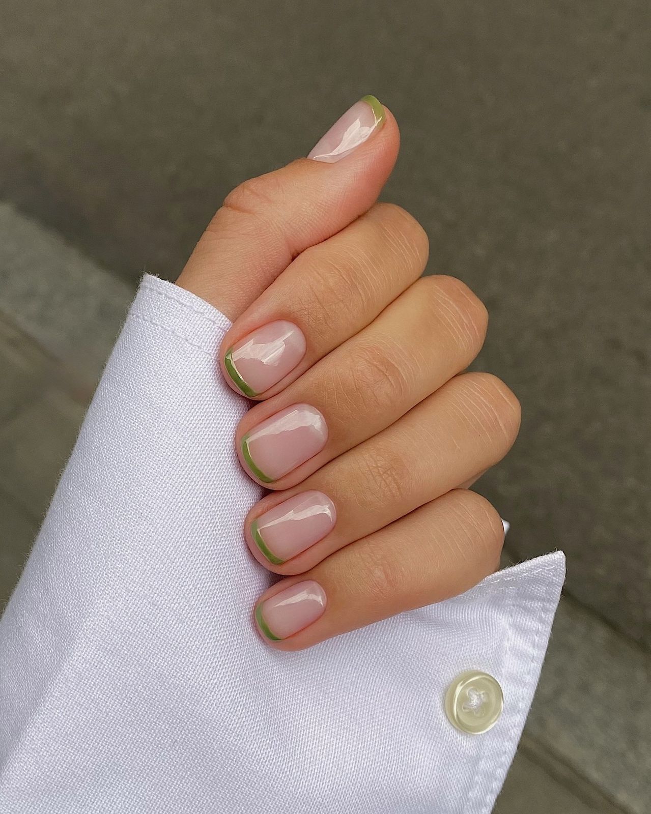 Muted Green Micro French Square Nails Muted Green Micro French Square Nails β Short Winter Acrylic Nails