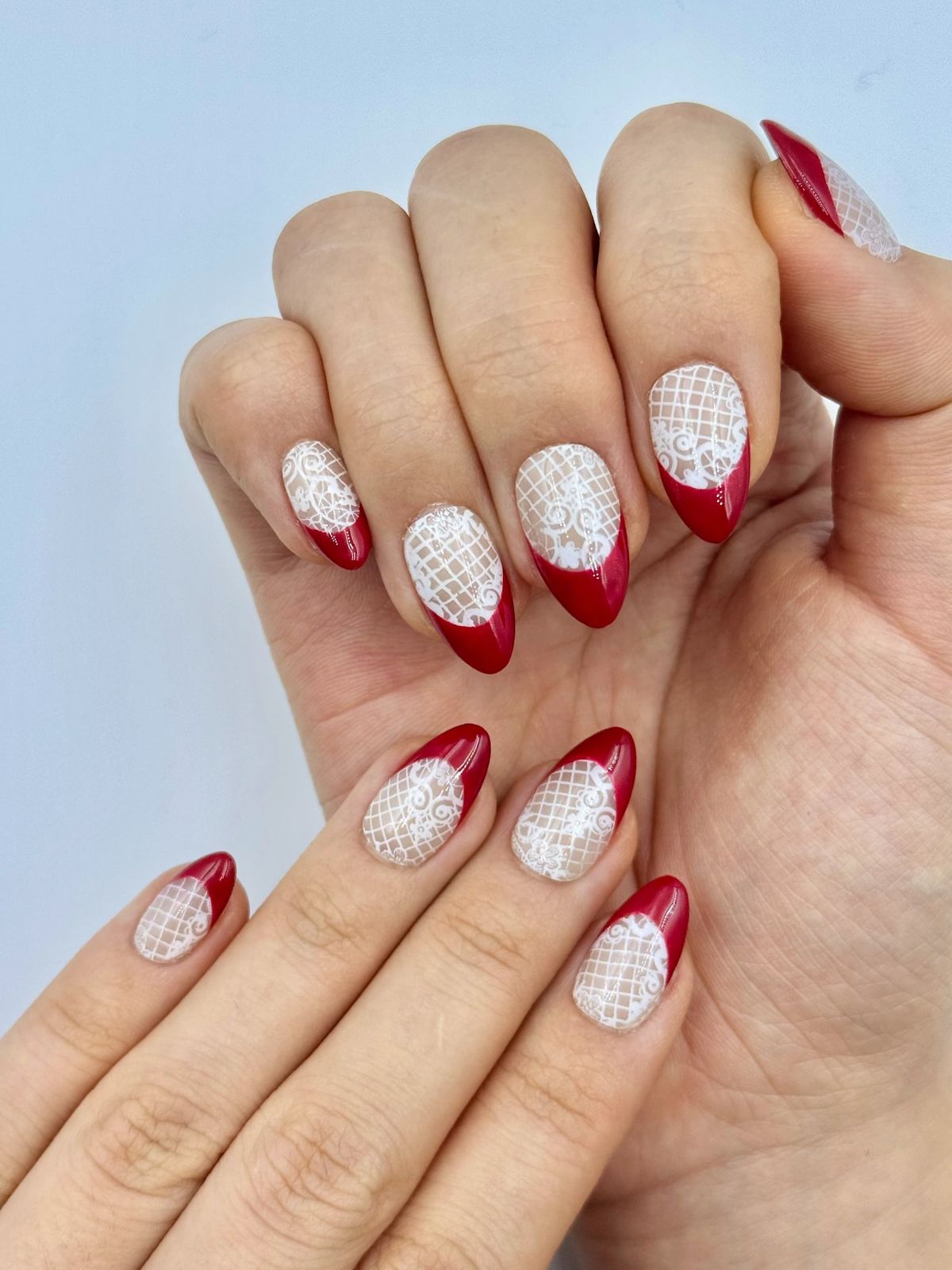 Red French Tips White Lace Pattern Visual Idea Red French Tips White Lace Pattern Visual Idea โ Short Winter Almond Nails