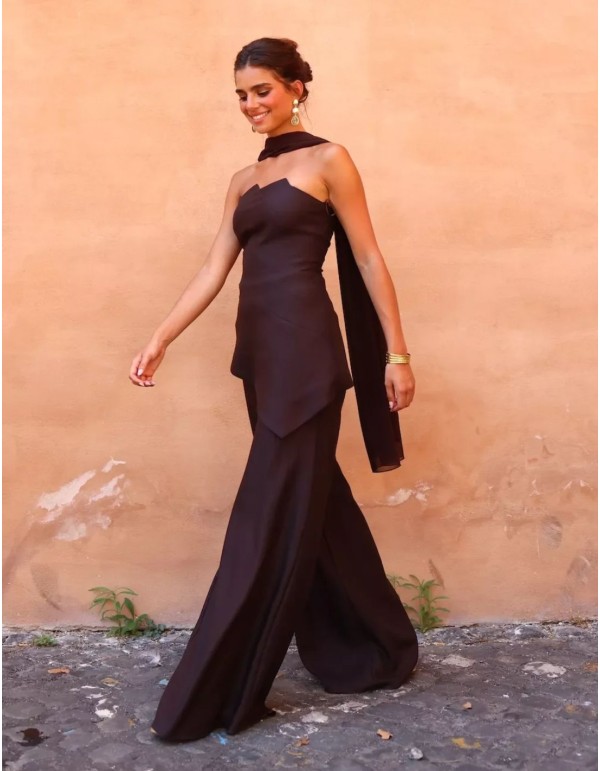 Chic Dark Brown Strapless Top and Wide-Leg Trousers Chic Dark Brown Strapless Top and Wide-Leg Trousers β Chocolate Brown Outfits