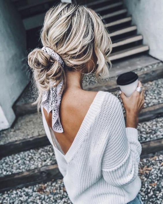 Messy Bun with Scarf Detail — Winter Hairstyles with Scarf