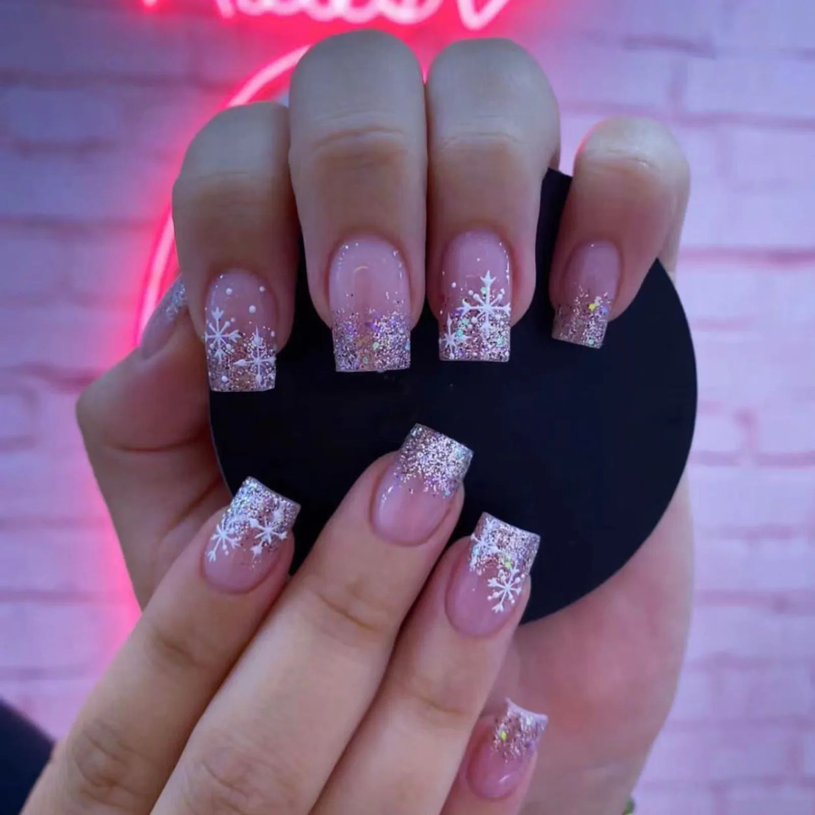 Snowflake Art And Glitter Gradient Visual Idea — Winter Purple Nails