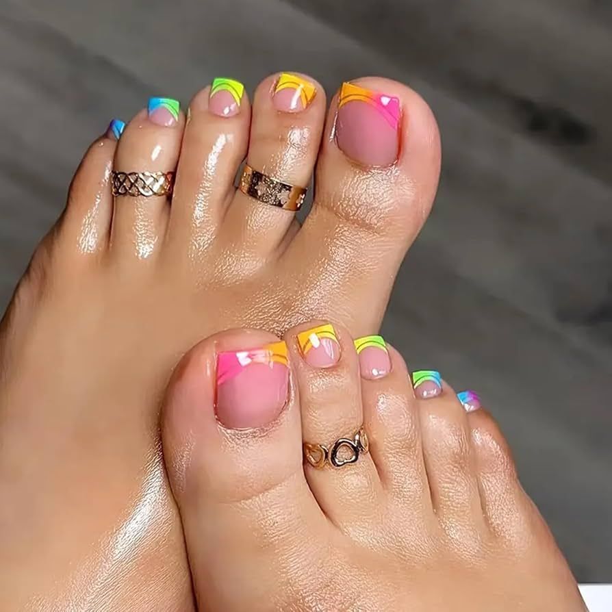 Glossy Rainbow French Tip Accents — Winter Toe Nails