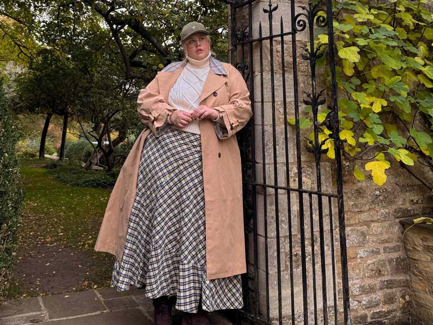 Trench Coat, Cable-Knit, and Plaid Skirt Ensemble Trench Coat, Cable-Knit, and Plaid Skirt Ensemble β Preppy Winter Outfits