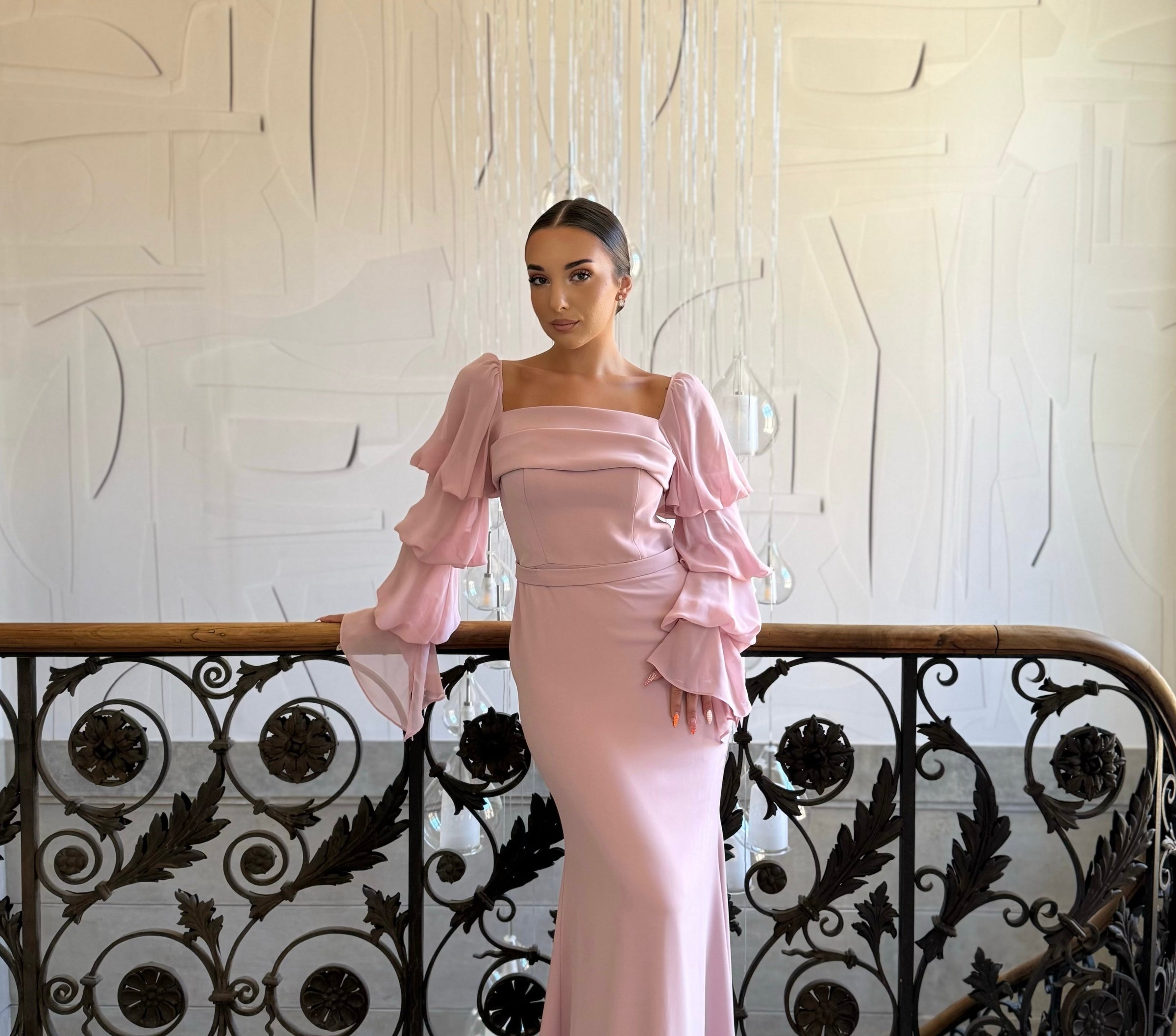 Pale Pink Ruffled Sleeve Gown for Formal Events Pale Pink Ruffled Sleeve Gown for Formal Events β Winter Date Night Outfits