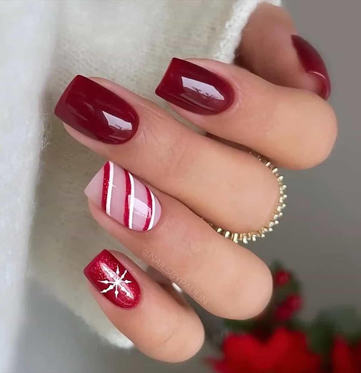 Deep Red Candy Cane Snowflake Mix Deep Red Candy Cane Snowflake Mix β Minimalist Christmas Nails 2026