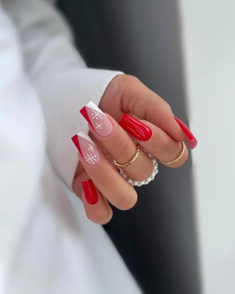 Glossy Red French Tip Snowflake Square Nails Glossy Red French Tip Snowflake Square Nails β Classy Christmas Nails 2026