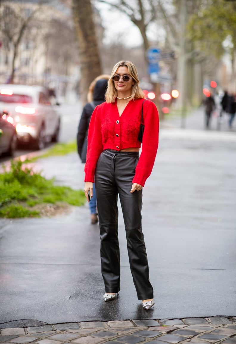 Red Cropped Cardigan with Faux Leather Pants Red Cropped Cardigan with Faux Leather Pants โ Cardigan Outfits