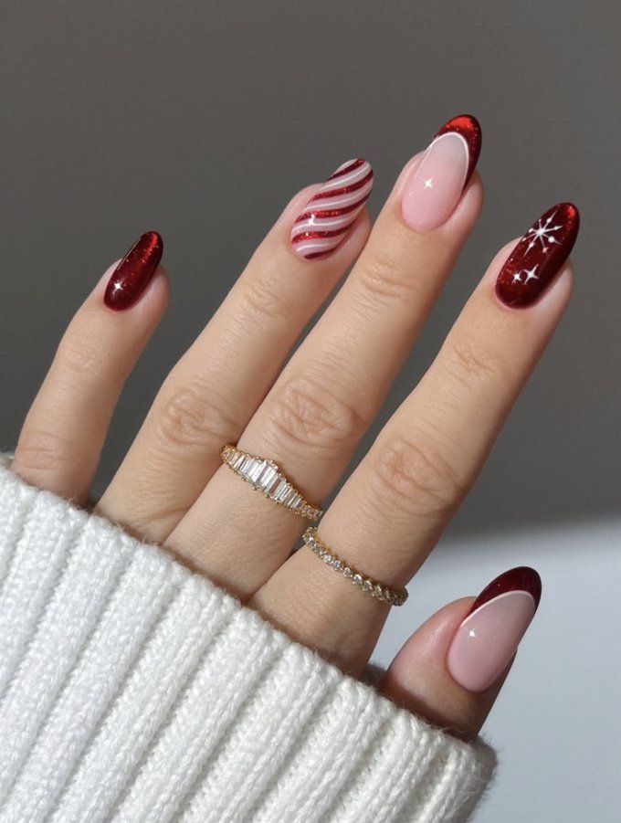 Candy Cane Stripe Almond Nails — Christmas Nails for Women Over 50 2026