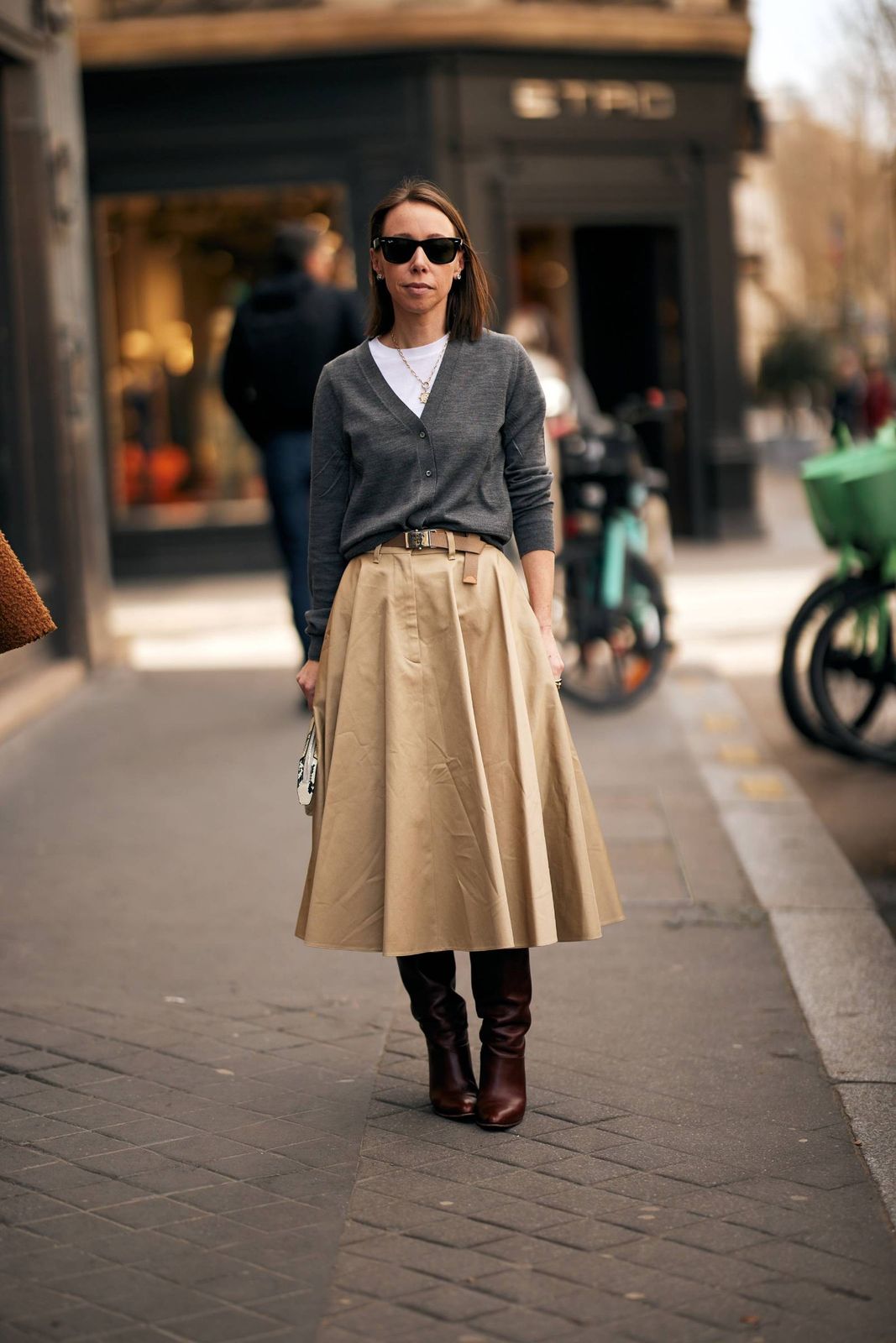 Classic Layered Ensemble: Brown Leather Boots with Midi Skirt and Cardigan Classic Layered Ensemble: Brown Leather Boots with Midi Skirt and Cardigan โ Suede Boots Outfits