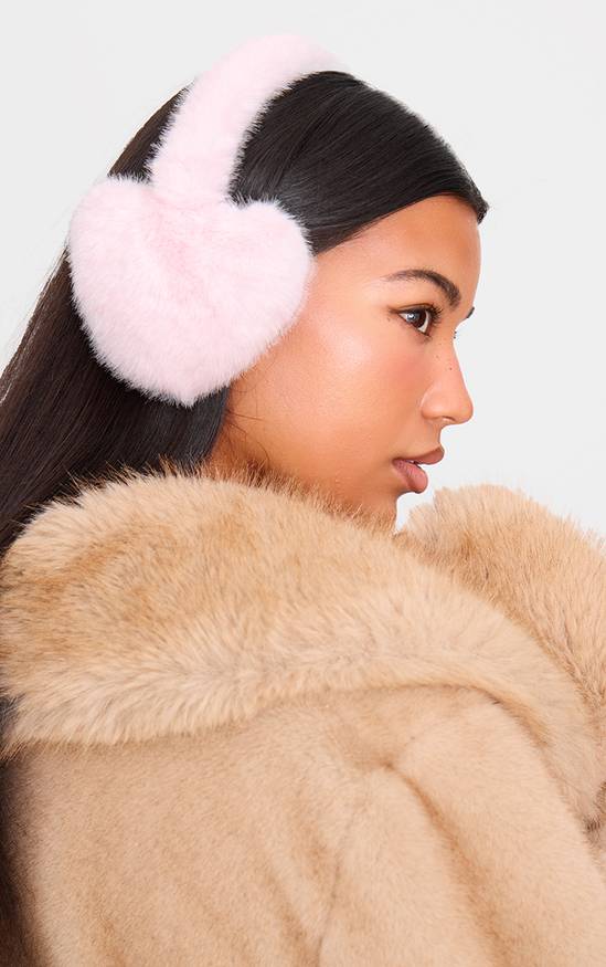 Fashion-Forward Pink Heart Earmuffs with a Faux Fur Coat — Earmuffs Outfits