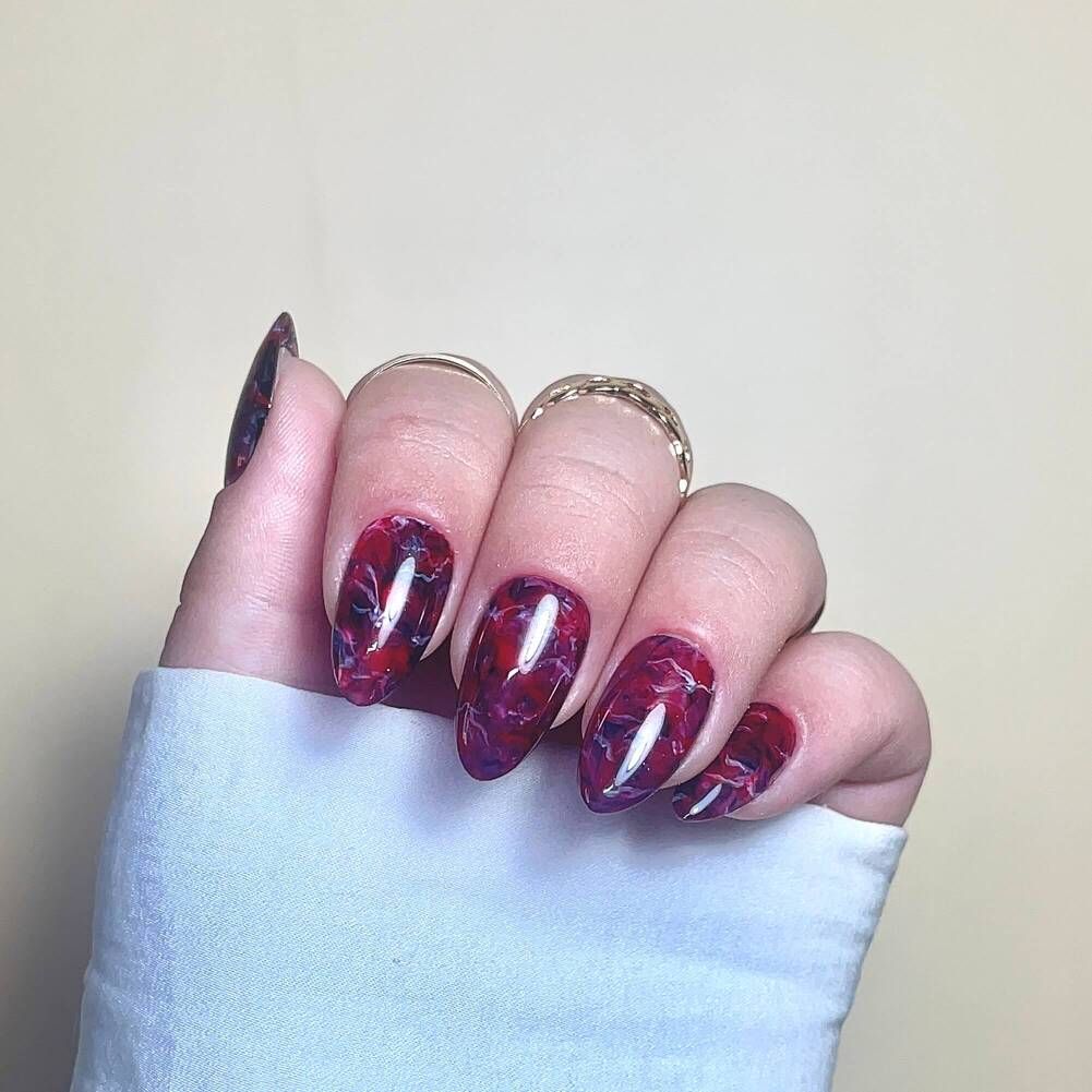 Deep Red And Black With White Swirls Visual Idea — Winter Marble Nails