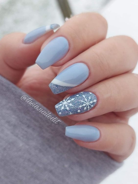 Matte Light Blue Glitter Snowflake Nails Matte Light Blue Glitter Snowflake Nails β Winter Acrylic Nails