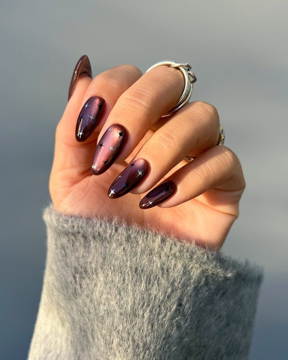 Plum Cat Eye Starry Winter Nails Plum Cat Eye Starry Winter Nails β Winter Nail Colors for Dark Skin
