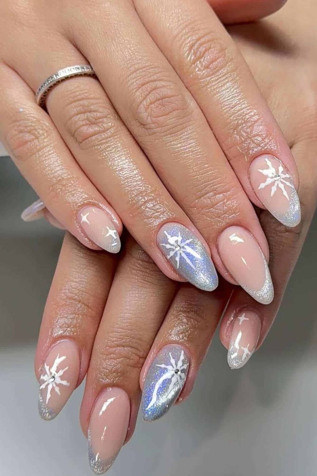 Sheer Nude Base With Silver Glitter Visual Idea — Winter Nude Nails