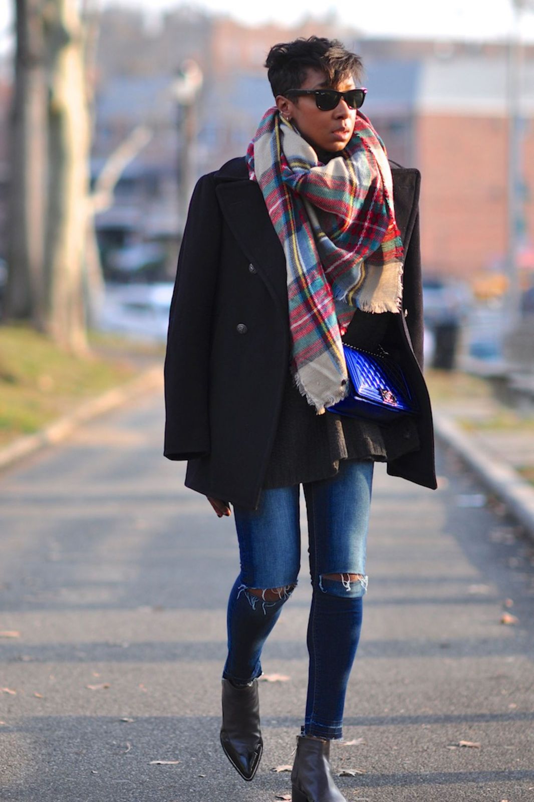 Double-Breasted Coat with Plaid Scarf and Bright Handbag — January Outfits