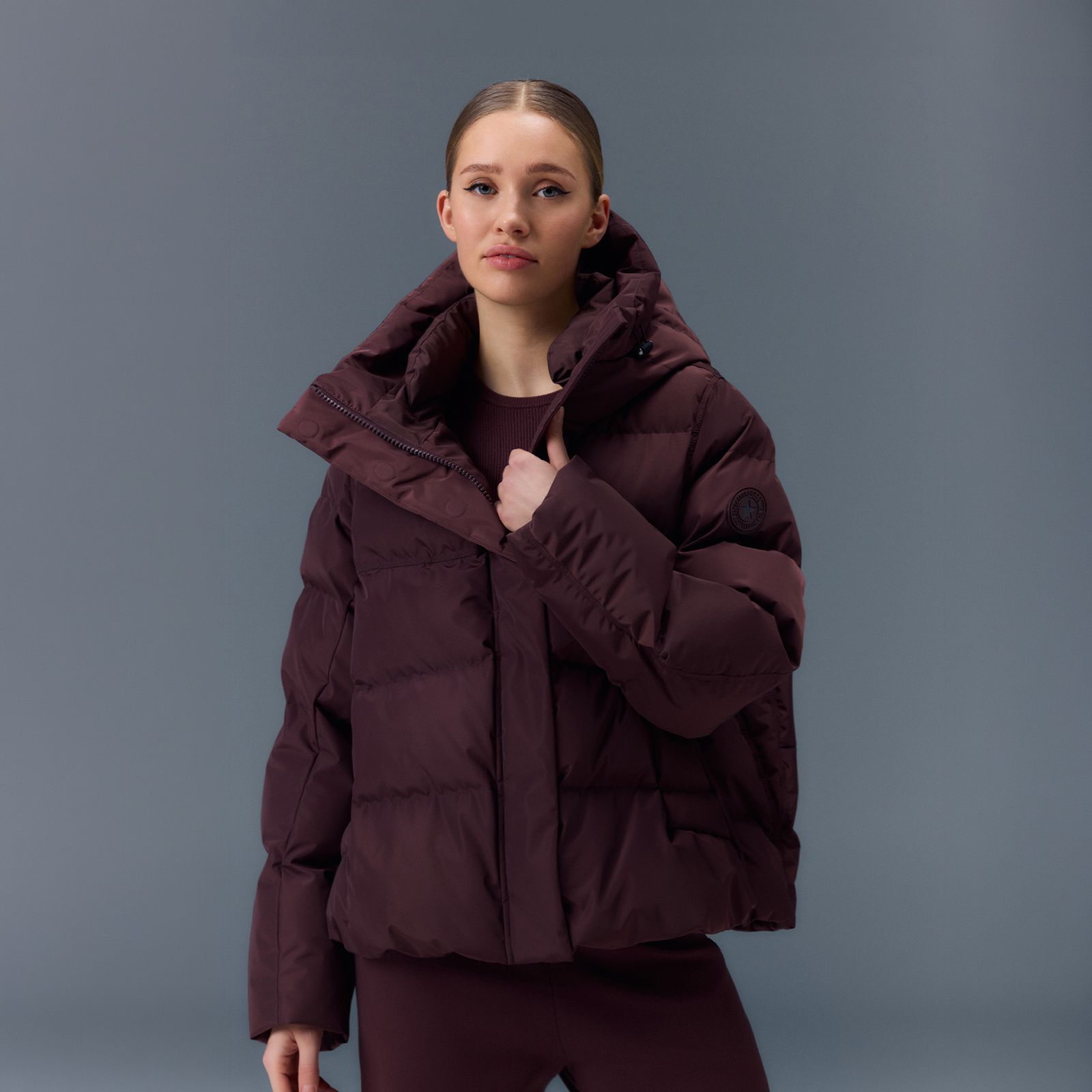 Burgundy Puffer Jacket Paired with Matching Leggings — Winter Jackets for Women
