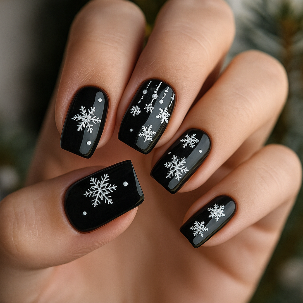 Glossy Black With White Snowflakes Dots Glossy Black With White Snowflakes Dots β Snowflake Nails