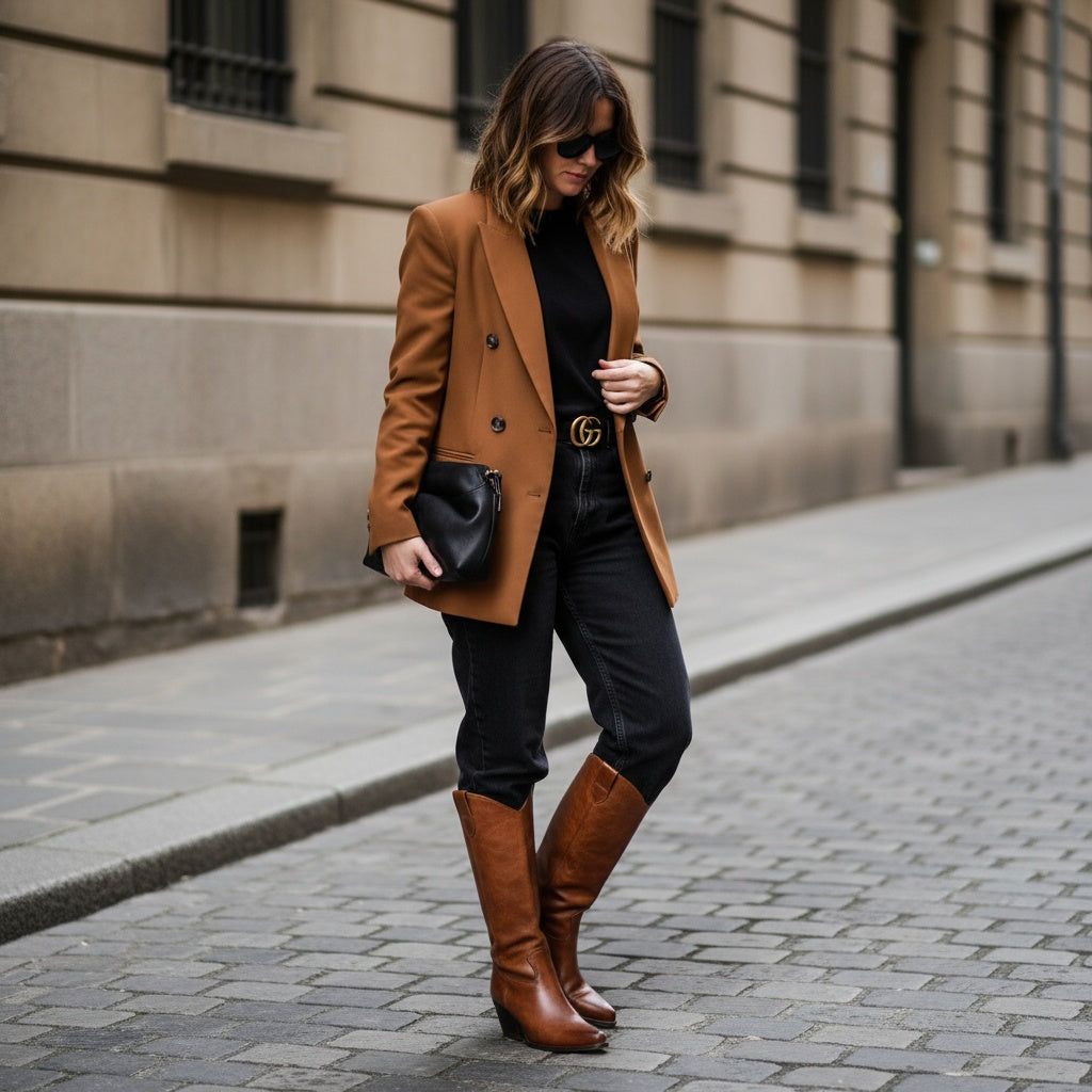 Brown Leather Knee-High Boots with Blazer and Jeans — Brown Boots Outfits