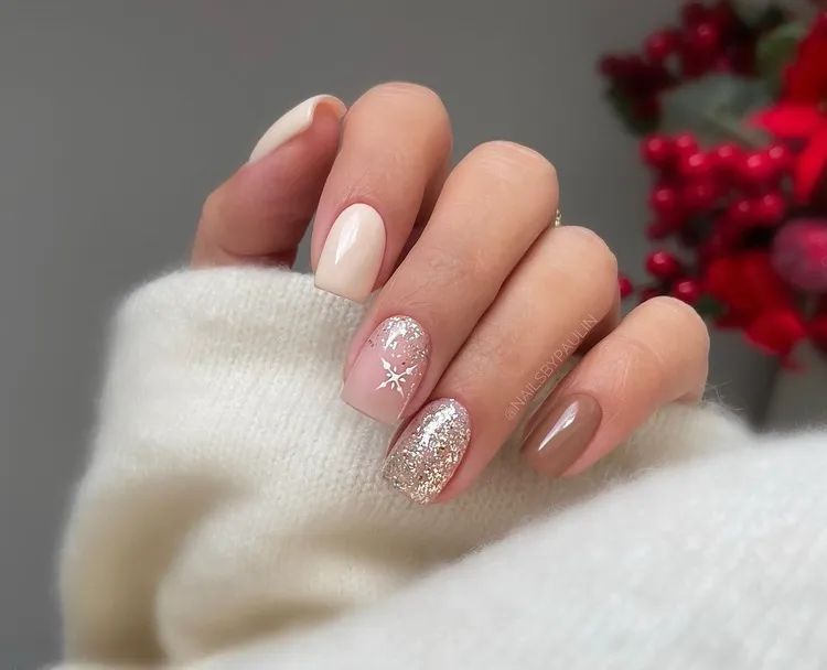 Short Square Neutrals with Snowflakes and Gold Glitter Short Square Neutrals with Snowflakes and Gold Glitter β Winter Nail Art