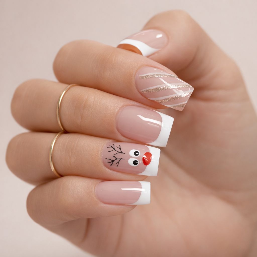 Medium Square Reindeer Face French Tips — Easy Christmas Nails 2026