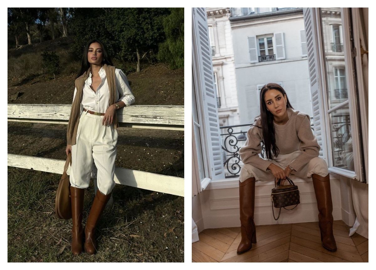 Tall Brown Leather Boots with White Outfit and Beige Vest — Brown Boots Outfits