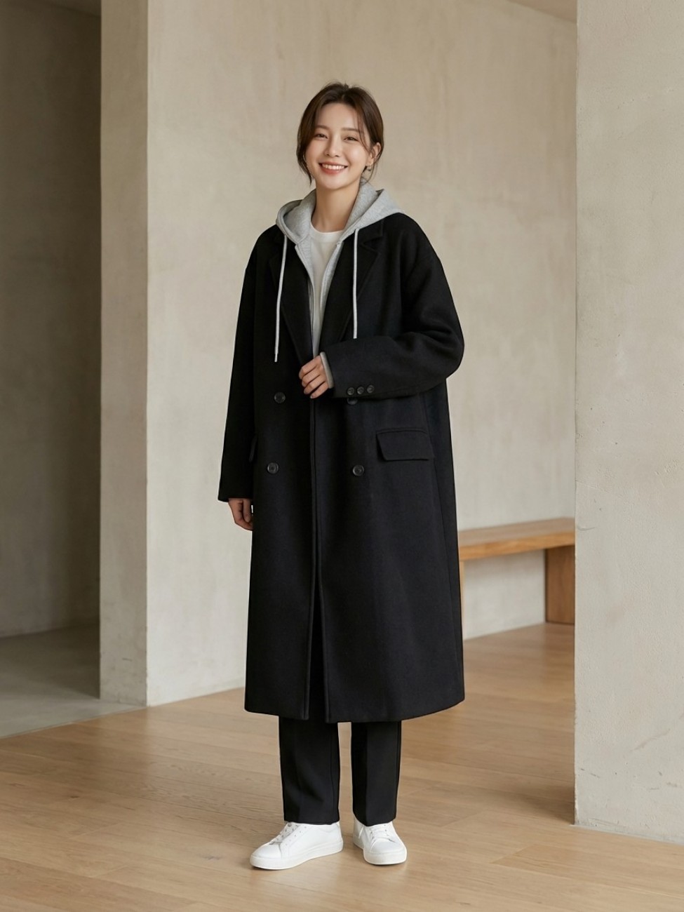 Long Wool Coat over Hoodie and Trousers — Korean Winter Outfits