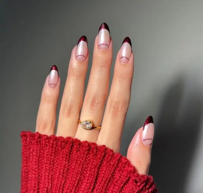 Milky Pink with Deep Red Glitter French — New Years Eve Nails 2027