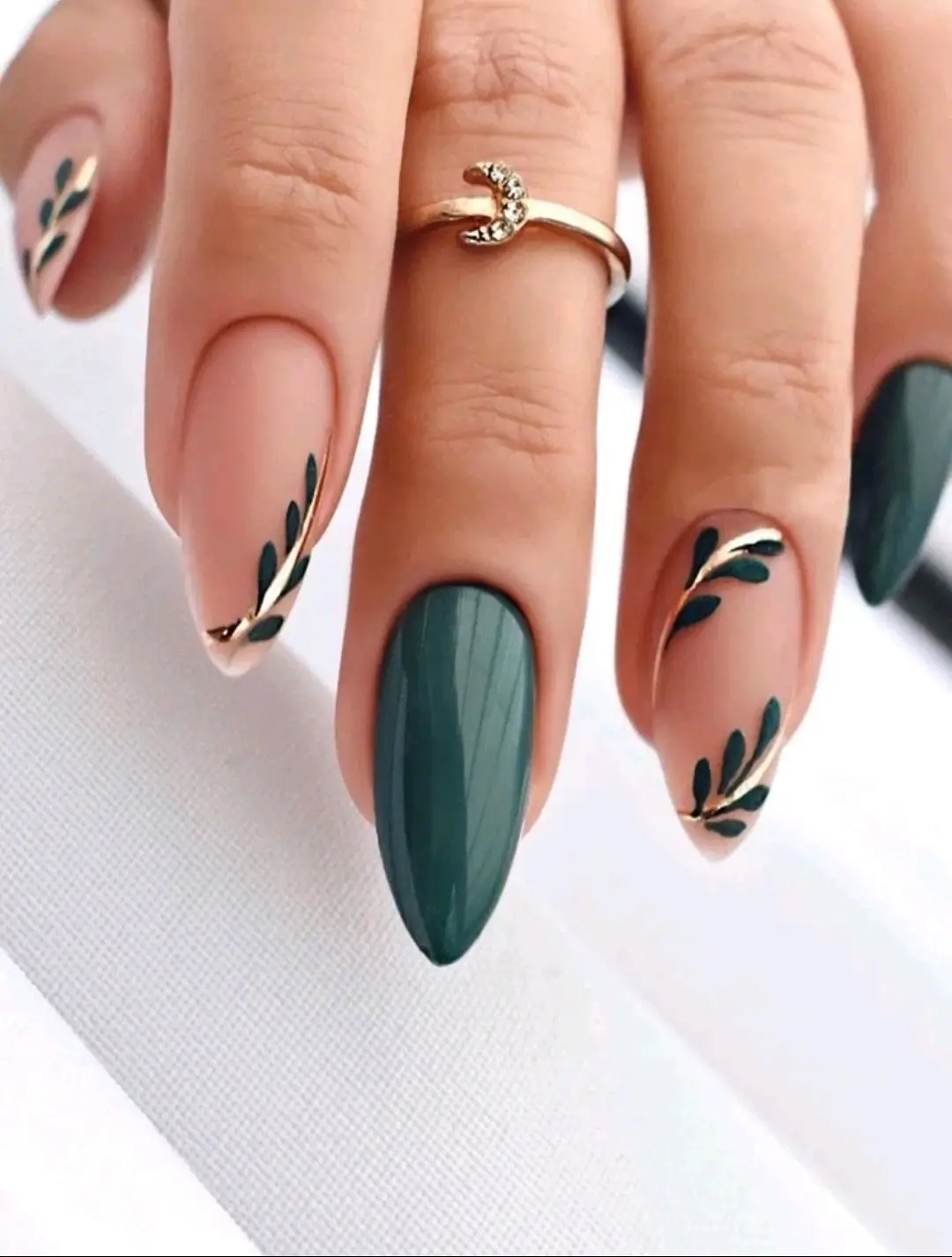 Forest Green Gold Leaf Almonds Forest Green Gold Leaf Almonds โ Winter Almond Nails