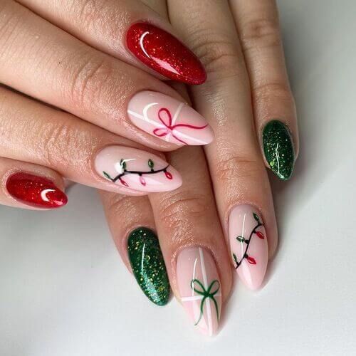 Christmas Lights Glitter Almonds — Red and Green Christmas Nails 2026