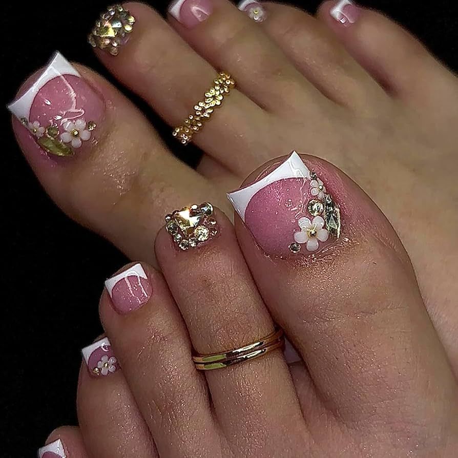 Pink French With Rhinestone Flowers Pink French With Rhinestone Flowers β Christmas Toe Nails 2026