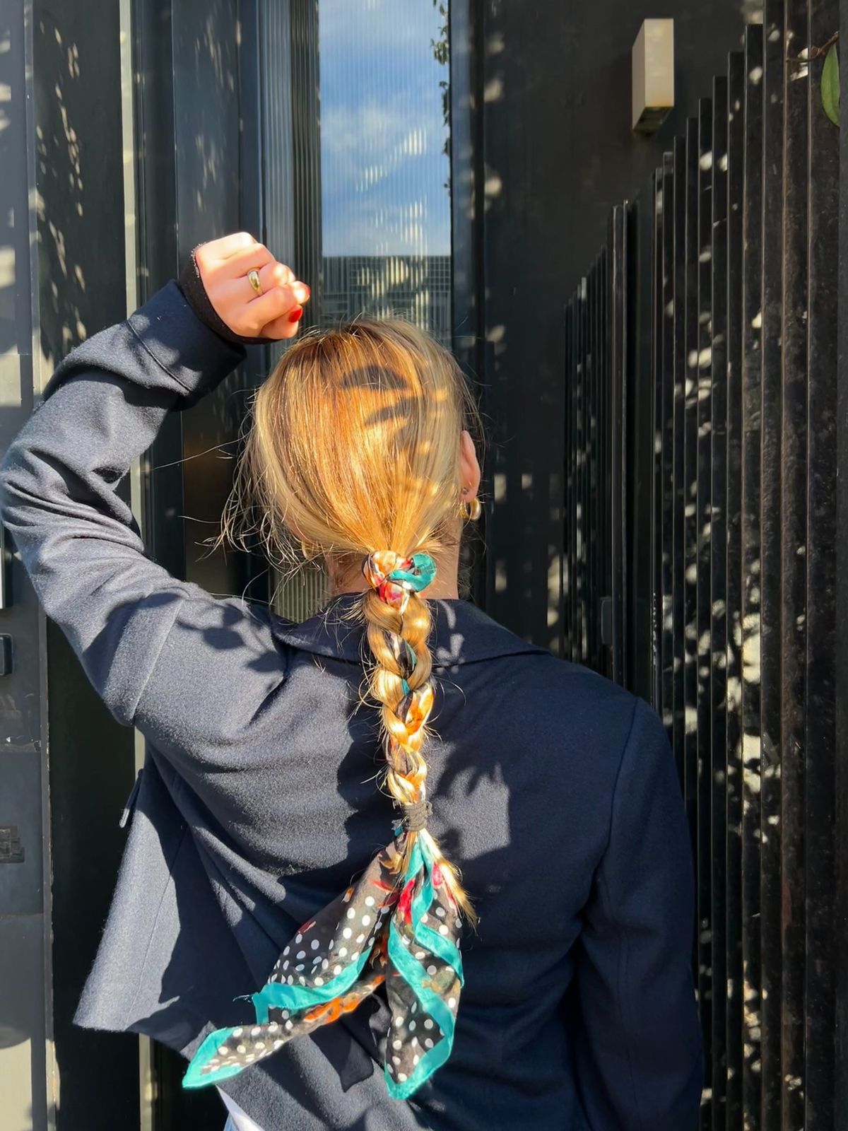 Mid-Back Thick Blonde Braid with Scarf — Winter Hairstyles with Scarf