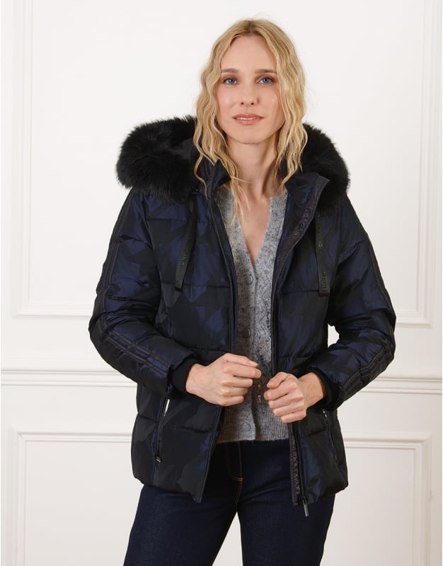 Navy Fur-Trimmed Puffer Jacket with Grey Cardigan — Winter Outfits for Warm Weather