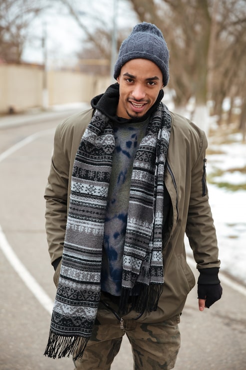 Olive Jacket with Tie-Dye Hoodie and Patterned Scarf Olive Jacket with Tie-Dye Hoodie and Patterned Scarf β Winter Outfits for Men