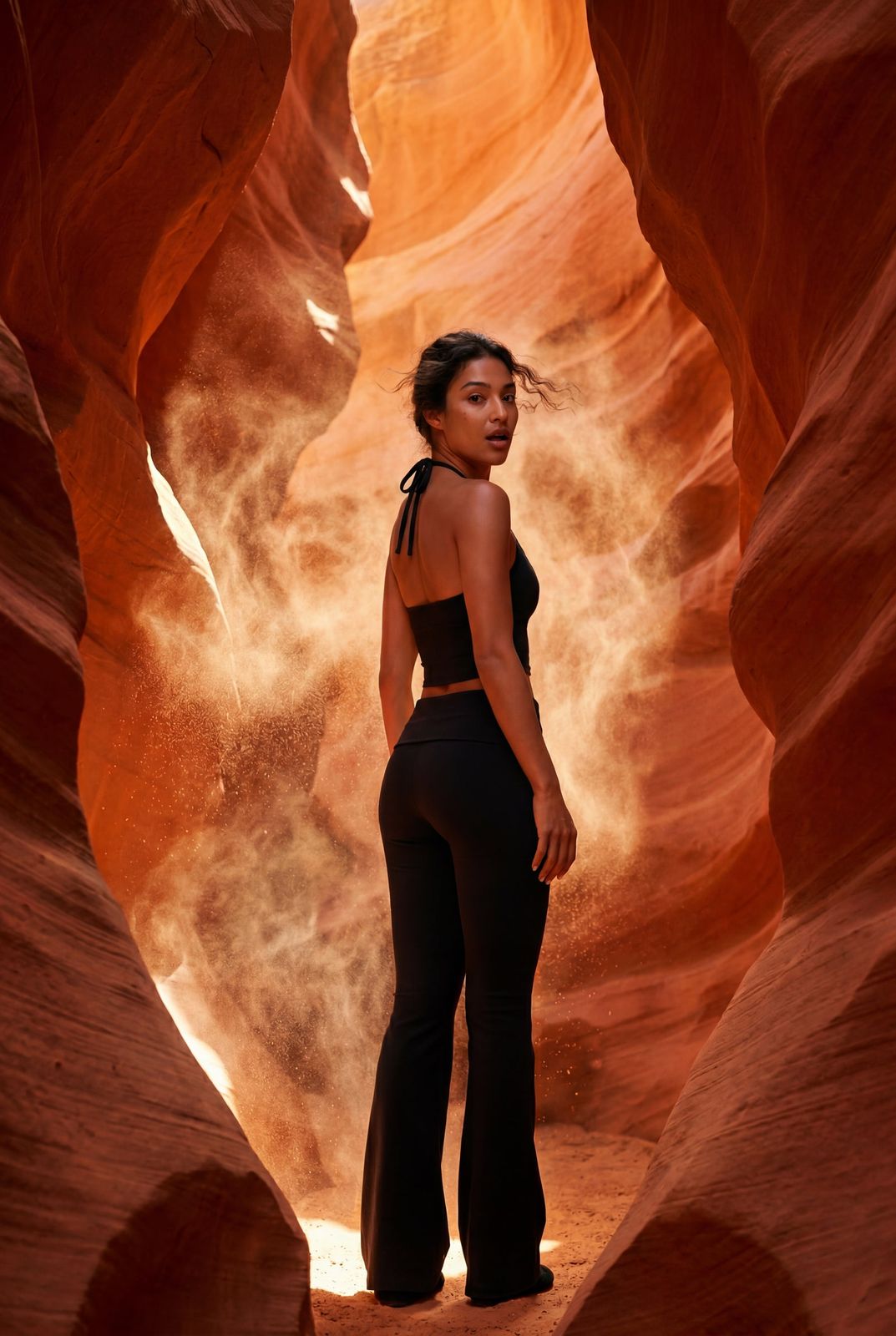 Desert Chic: Black Flare Leggings in a Dramatic Setting — Flare Leggings Outfits