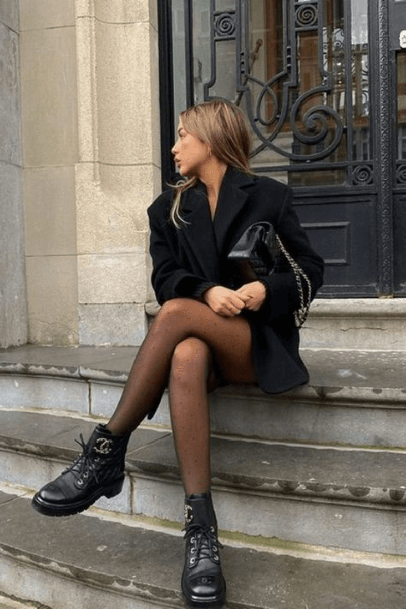 Sleek All Black: Blazer, Top, Tights, and Buckled Combat Boots Sleek All Black: Blazer, Top, Tights, and Buckled Combat Boots β Combat Boots Outfits