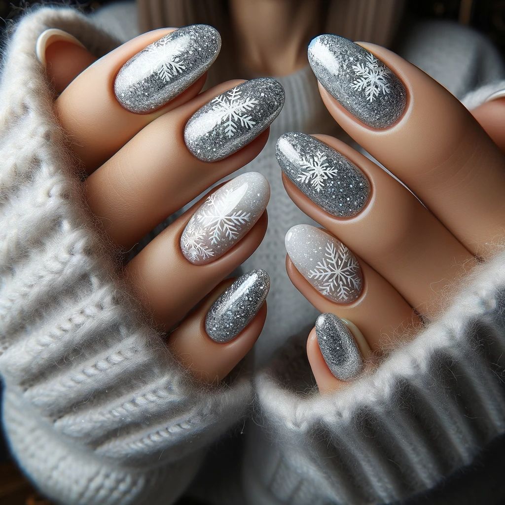 White Snowflake Motifs On Glitter Base Visual Idea White Snowflake Motifs On Glitter Base Visual Idea โ Winter Wonderland Nails