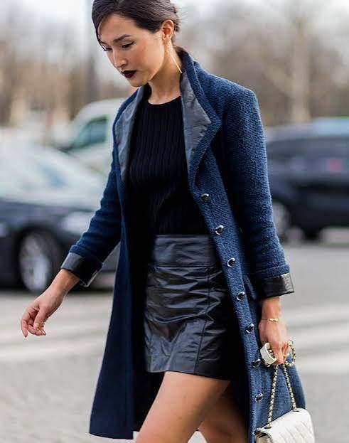 Blue Textured Coat Adds Color to Black Leather Skirt — February Outfits