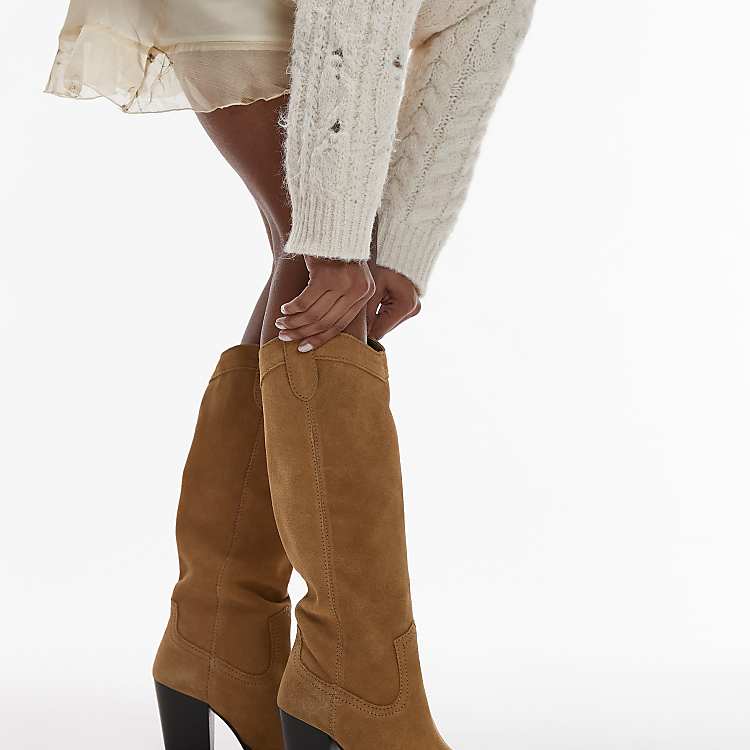 Brown Suede Knee-High Boots with Cable-Knit Sweater and Slip Dress — Brown Boots Outfits