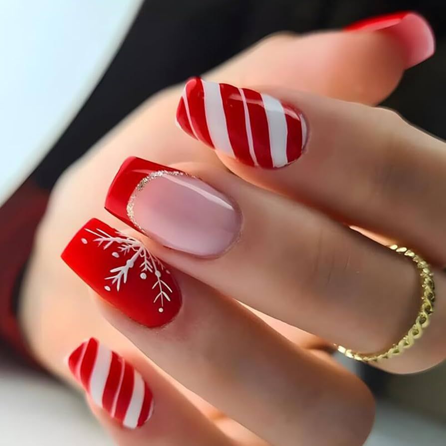 Red Snowflake Stripe Glitter Nails Red Snowflake Stripe Glitter Nails β Simple Short Christmas Nails 2026