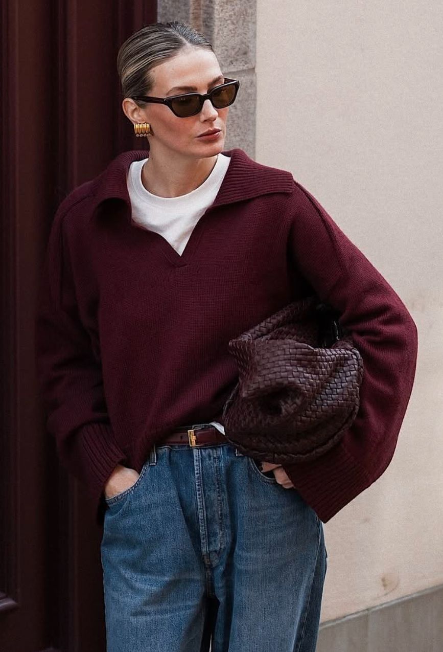 Oversized Burgundy Knit Sweater with Unique Collar Detail Oversized Burgundy Knit Sweater with Unique Collar Detail β Burgundy Outfits