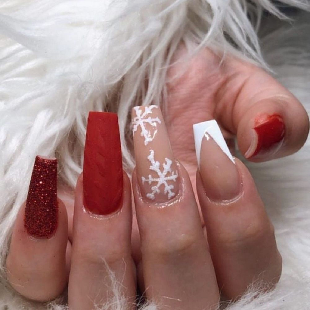 Matte Red Glitter Snowflake French Tip Coffin Nails Matte Red Glitter Snowflake French Tip Coffin Nails β Classy Christmas Nails 2026