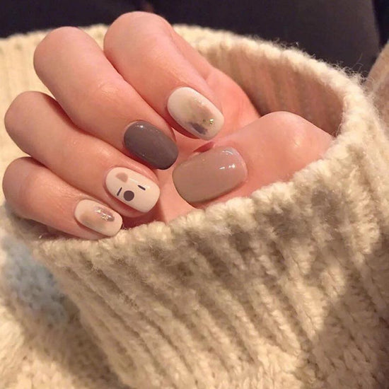 Chic Neutral Bear Face Nails — Cute Winter Nails